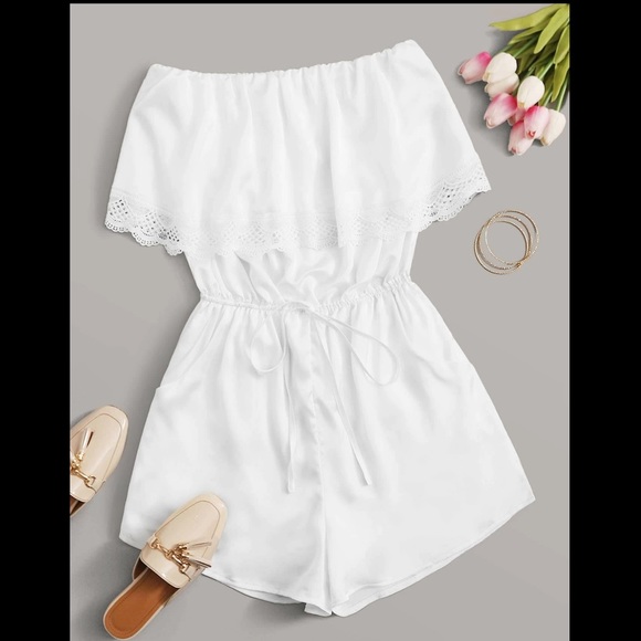 (SM) White Silk Short Lace Romper - Picture 1 of 1